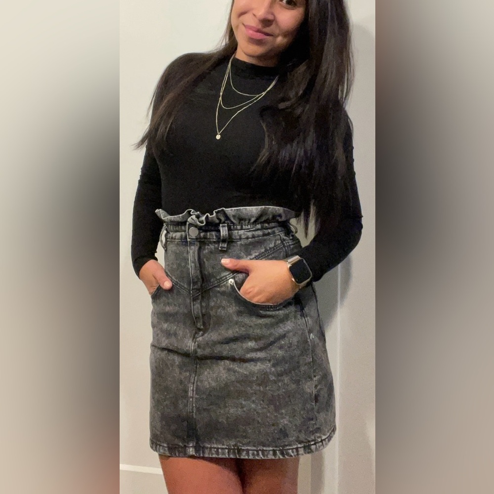 High Waist Black Denim Faded Skirt